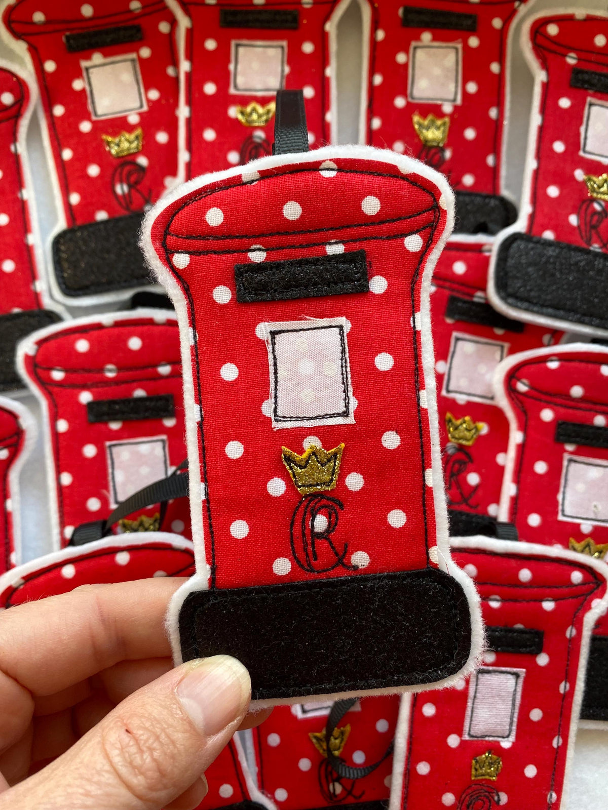 Freehand embroidered British post box hanging decoration