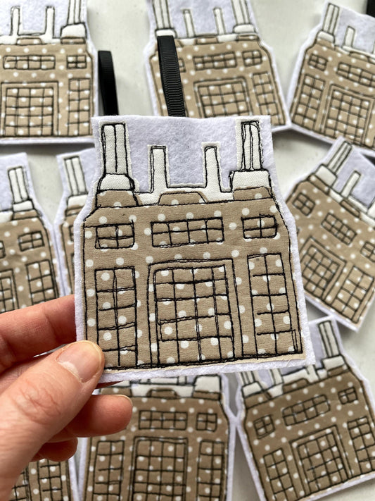 Freehand embroidered Battersea Power Station hanging decoration