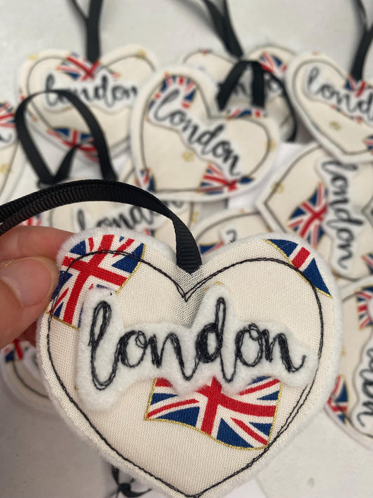 Freehand embroidered London Heart hanging decoration
