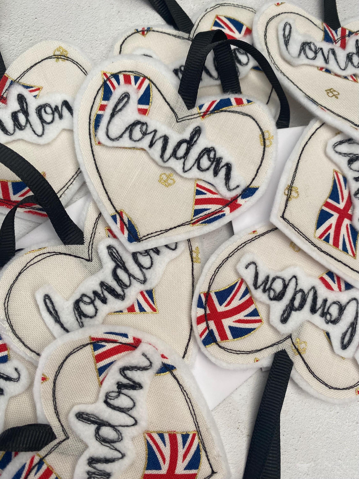 Freehand embroidered London Heart hanging decoration