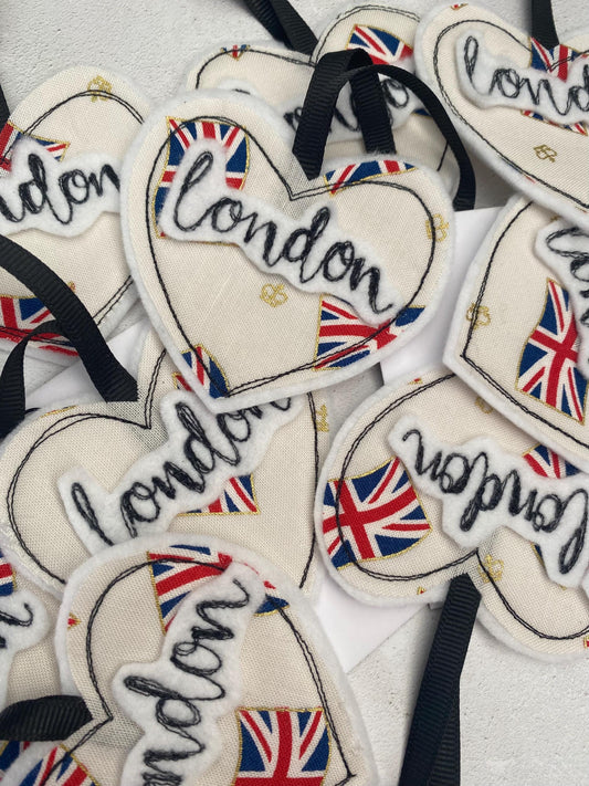Freehand embroidered London Heart hanging decoration