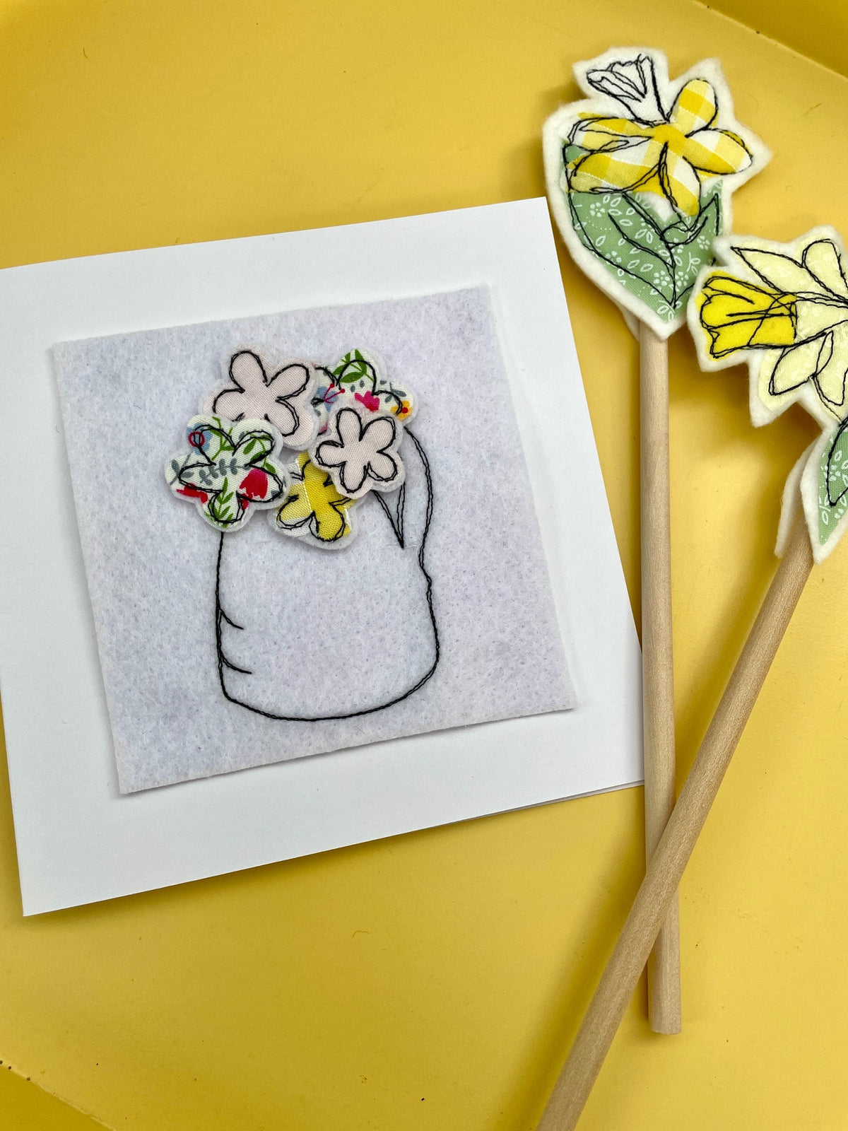 Mother’s Day card flower vase design freehand embroidered