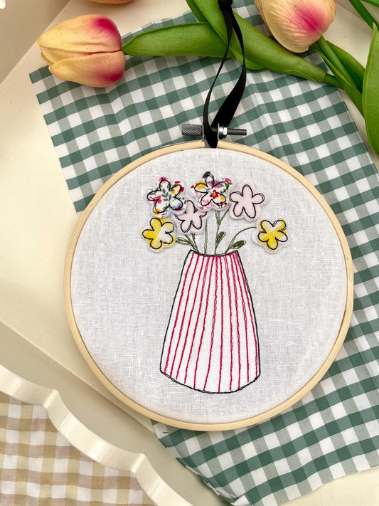 Pink flower vase freehand embroidered decorative hoop