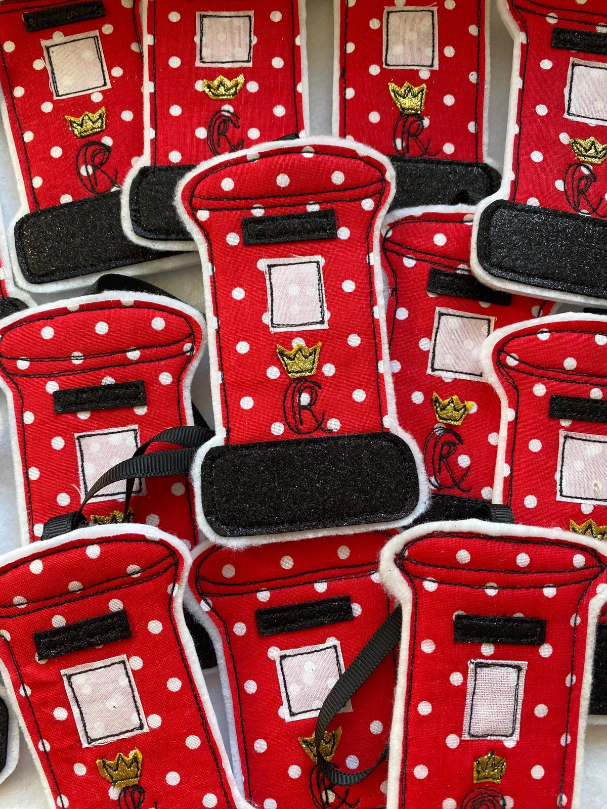 Freehand embroidered British post box hanging decoration