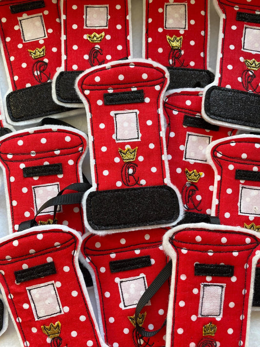 Freehand embroidered British post box hanging decoration