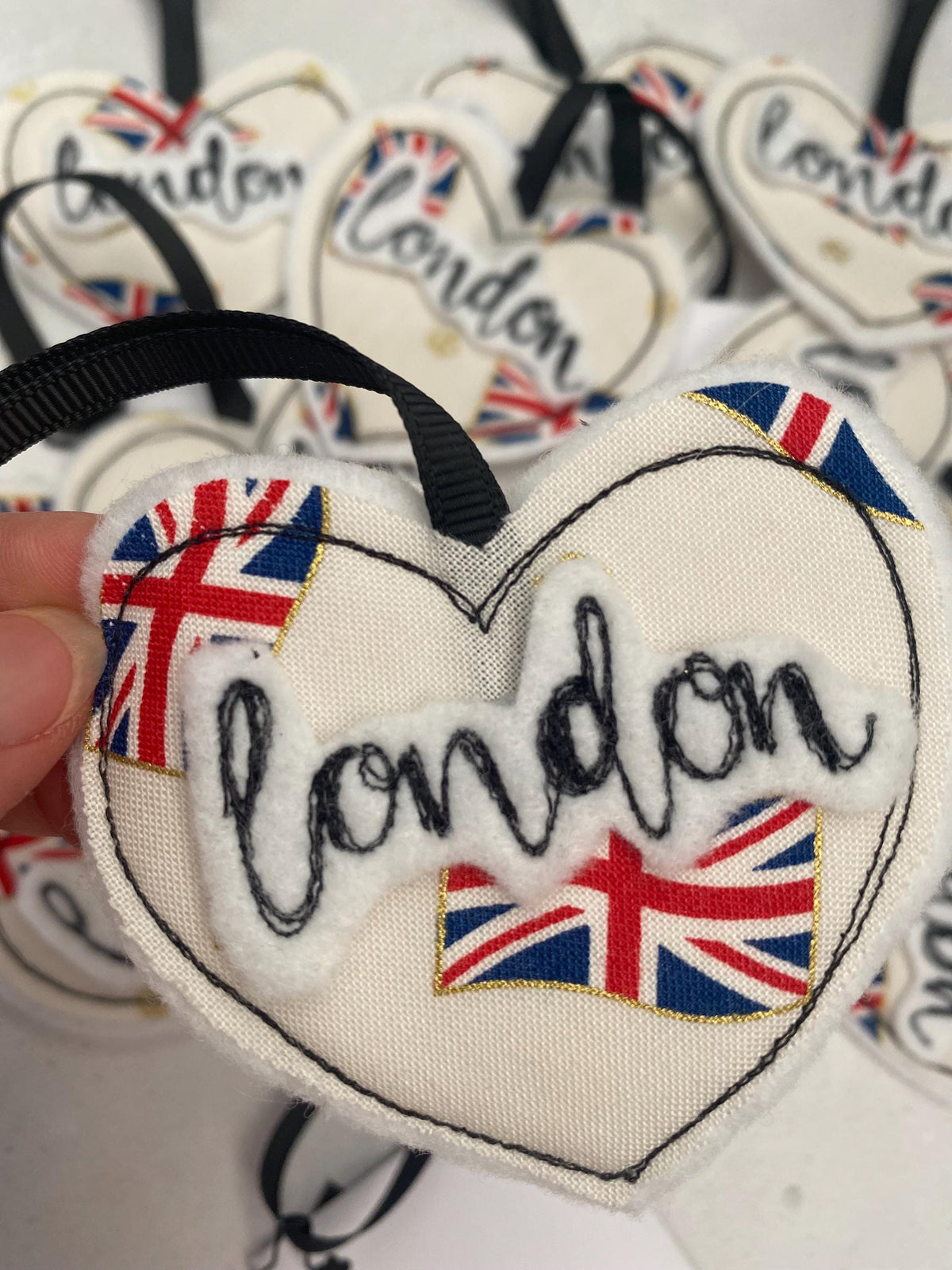 Freehand embroidered London Heart hanging decoration