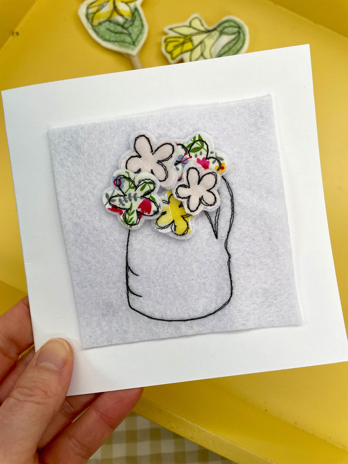 Mother’s Day card flower vase design freehand embroidered