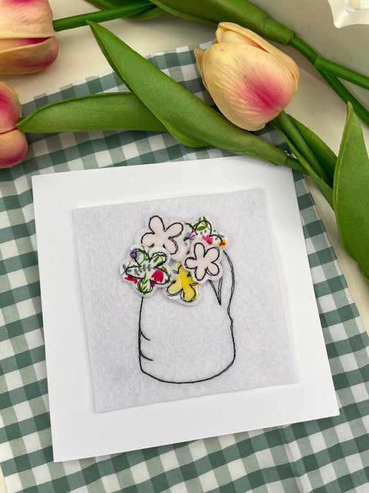 Mother’s Day card flower vase design freehand embroidered