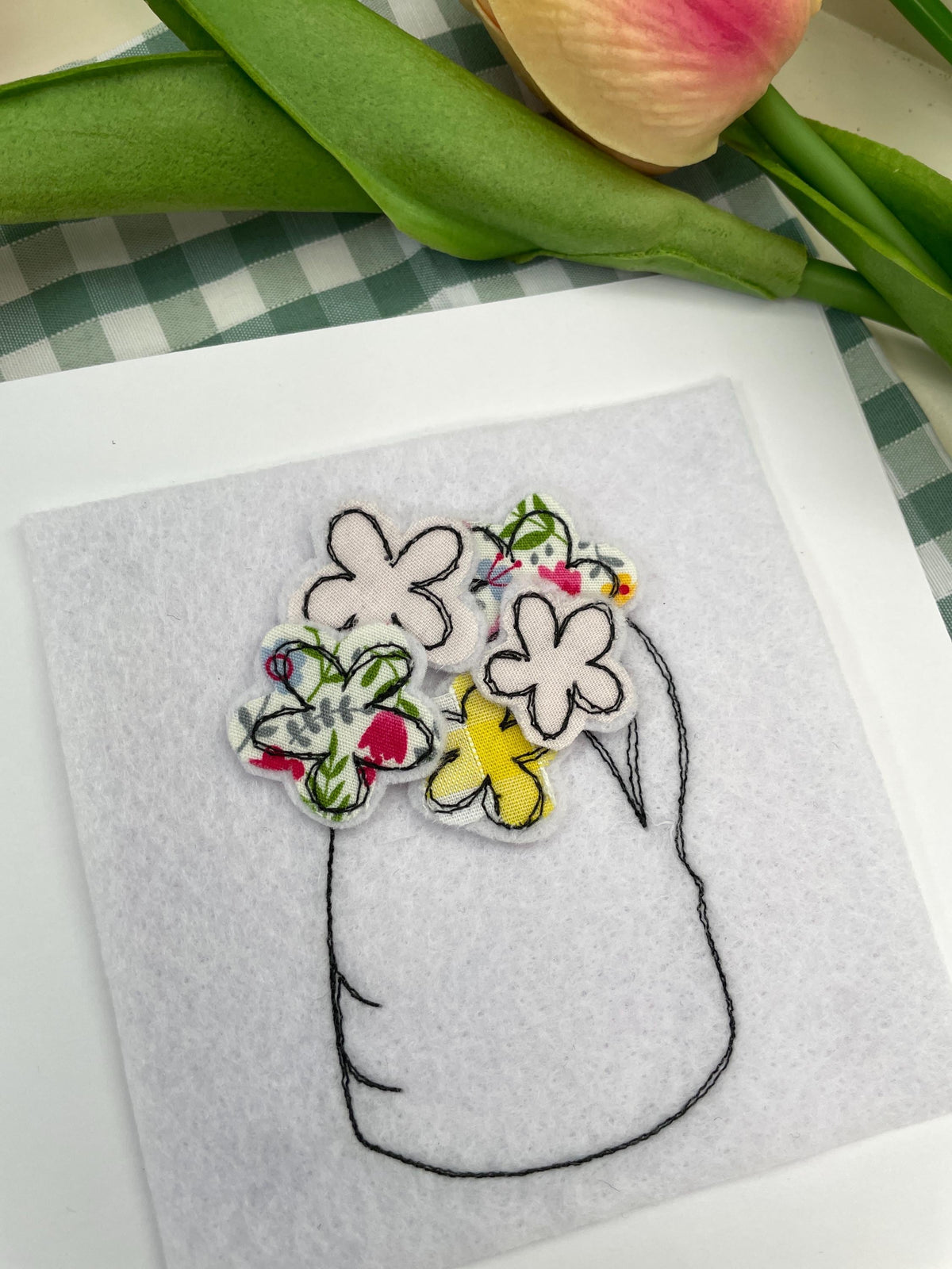 Mother’s Day card flower vase design freehand embroidered