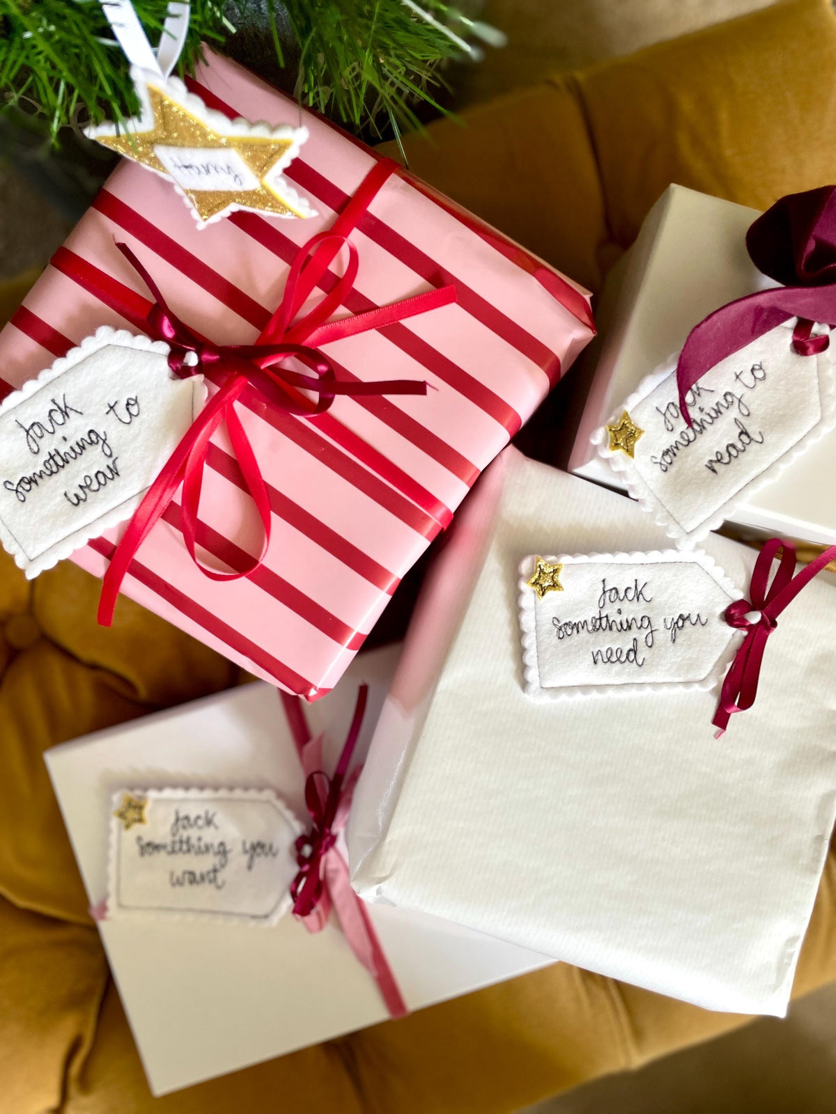 Personalised Felt Gift Tags , Set of 4 , Something You Want, Need, Wear & Read, Reusable Christmas Tags