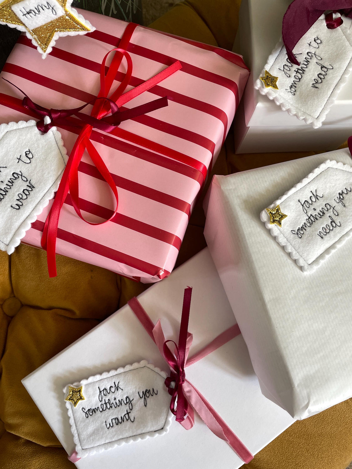 Personalised Felt Gift Tags , Set of 4 , Something You Want, Need, Wear & Read, Reusable Christmas Tags