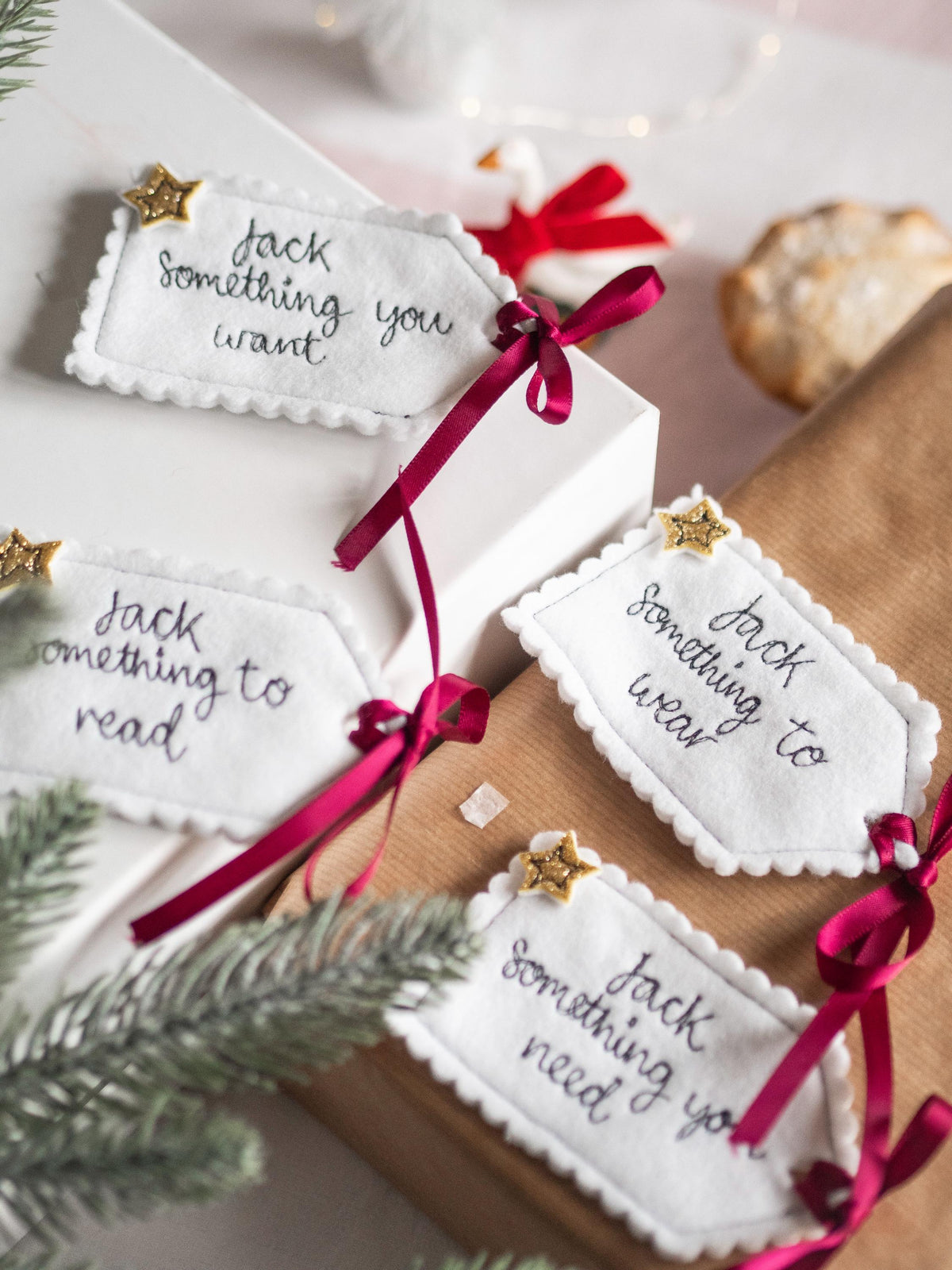 Personalised Felt Gift Tags , Set of 4 , Something You Want, Need, Wear & Read, Reusable Christmas Tags