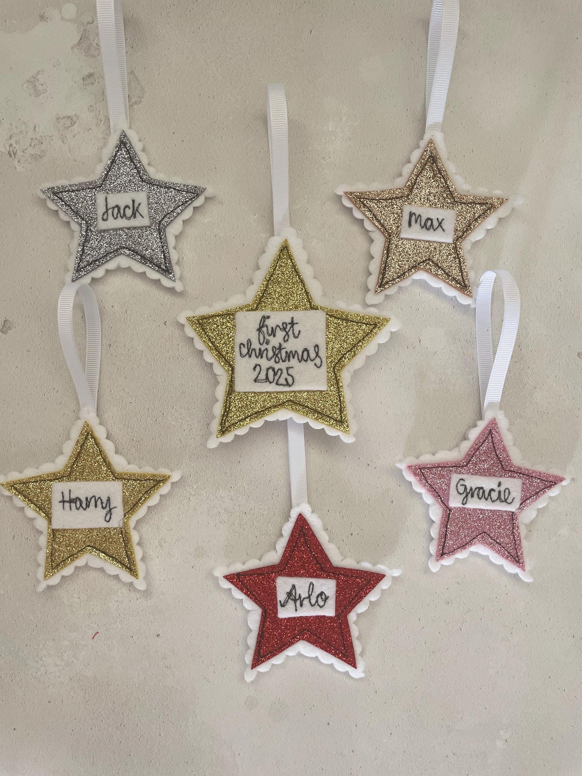 Personalised Glitter Star Decoration – Custom Name Christmas Ornament – Freehand Embroidered Keepsake