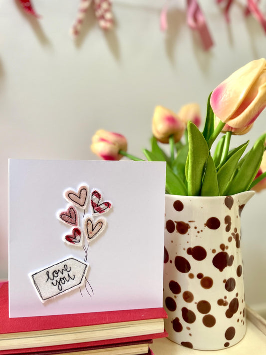 Embroidered bunch of heart balloons handmade card
