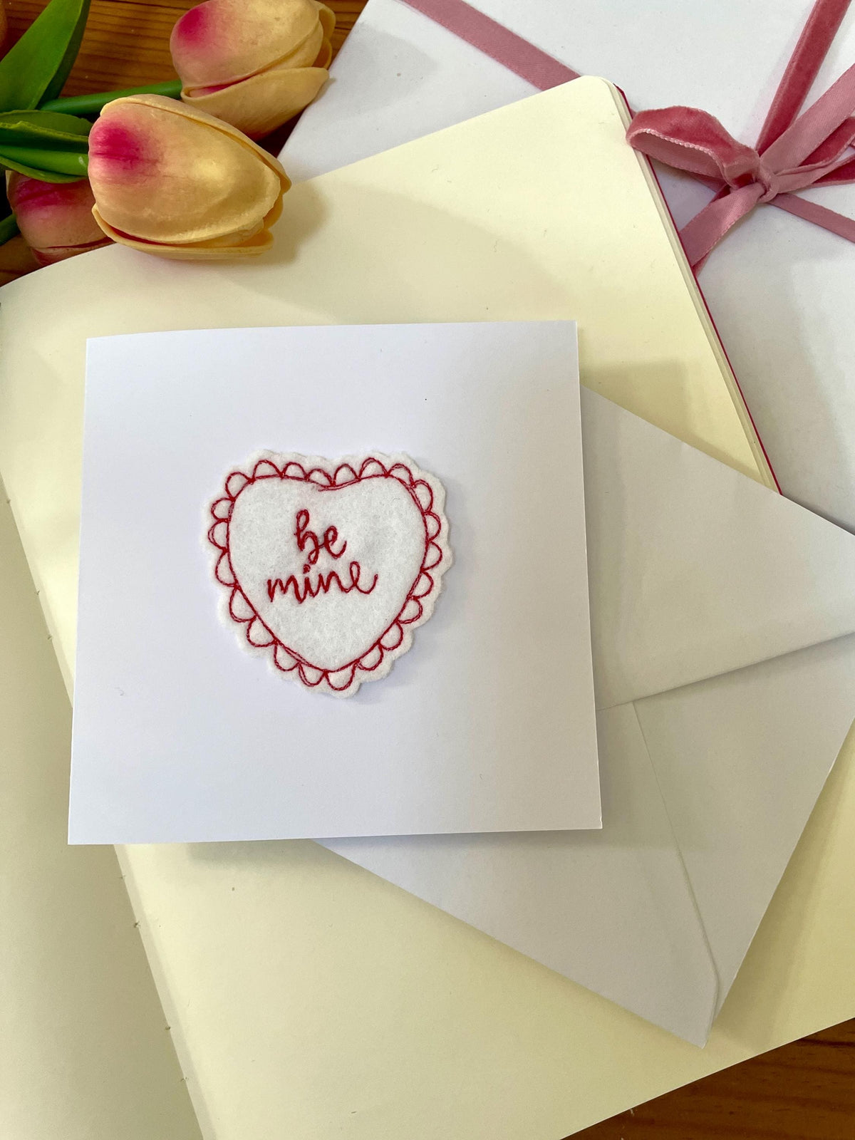 Embroidered love heart valentines card