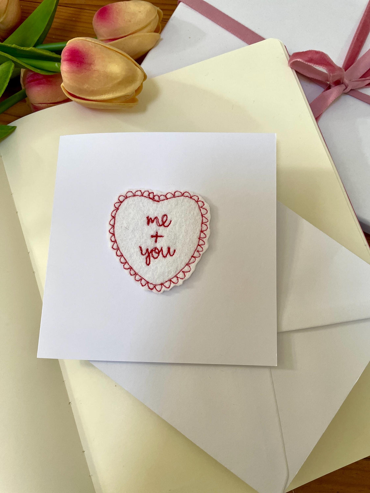 Embroidered love heart valentines card