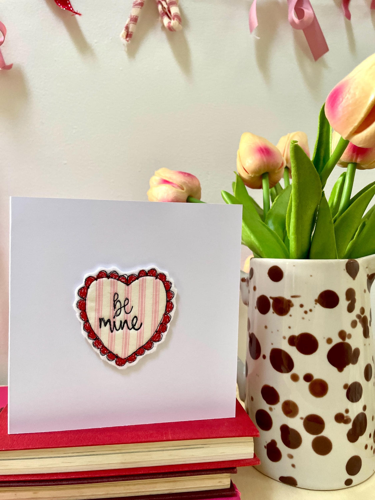 Embroidered fabric stripe love heart valentines card
