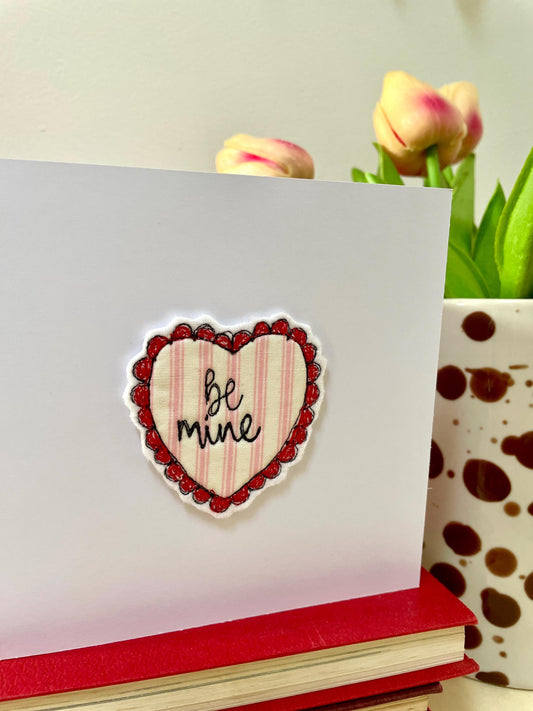 Embroidered fabric stripe love heart valentines card