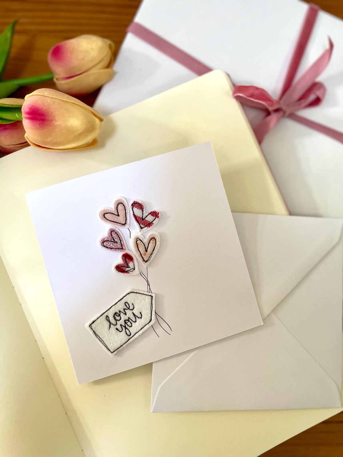 Embroidered bunch of heart balloons handmade card