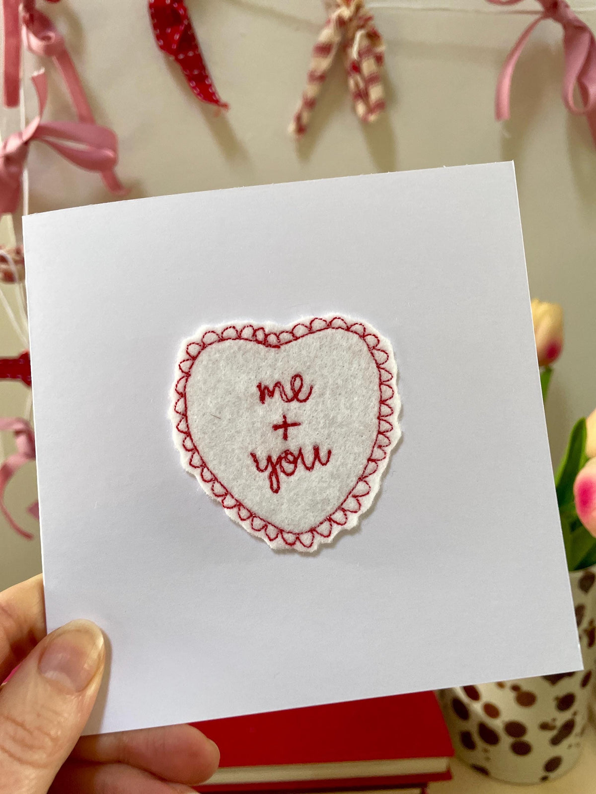 Embroidered love heart valentines card